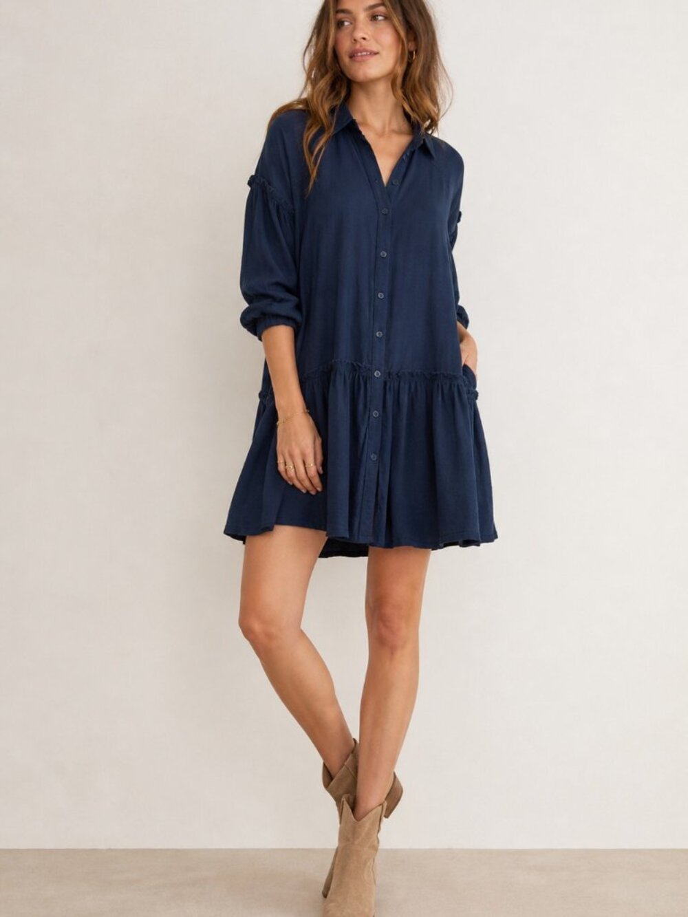 Free People Dress Women Size Small Navy Blue Drop-Waist Shirtdress Boho Festival